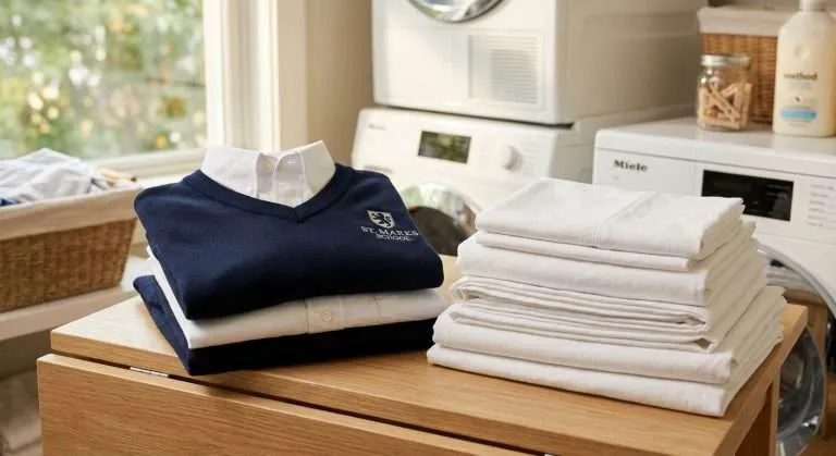 Close-up of crisp school uniforms on a clean surface following laundry room cleaning tips for a fresh morning routine.